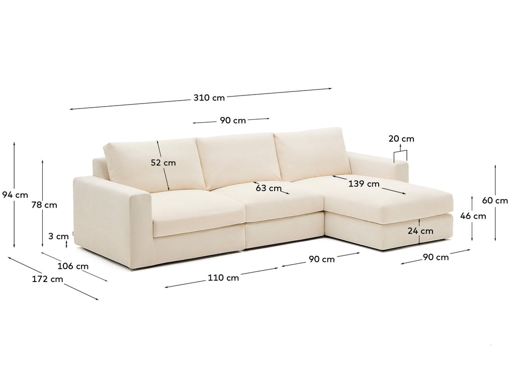 Canapé modulable déhoussable Alea 4 places avec méridienne droite chenille écrue 310 cm