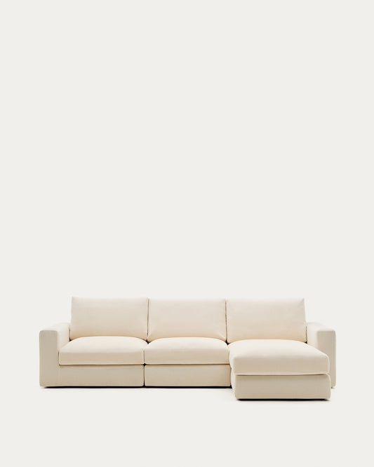 Canapé modulable déhoussable Alea 4 places avec méridienne droite chenille écrue 310 cm