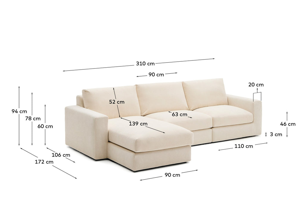 Canapé modulable déhoussable Alea 4 places avec méridienne gauche chenille écrue 310 cm