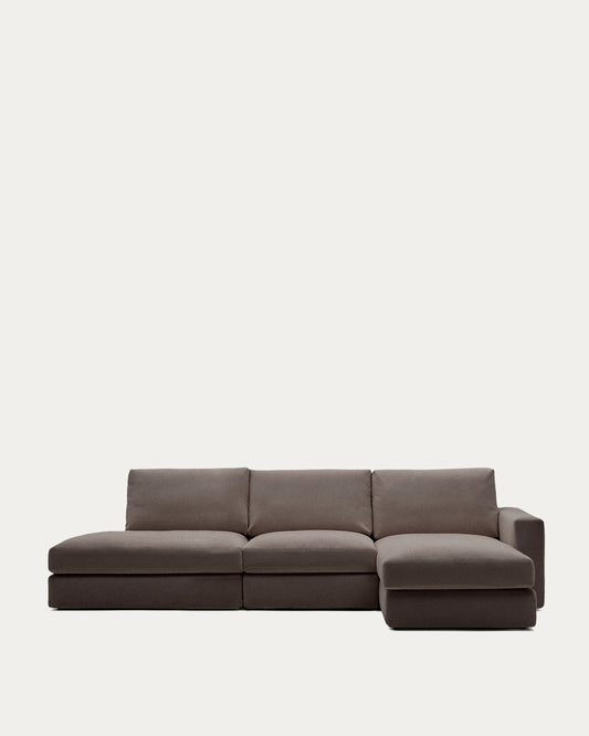 Canapé modulable déhoussable Alea 5 places en chenille marron foncé avec méridienne droite 340 cm