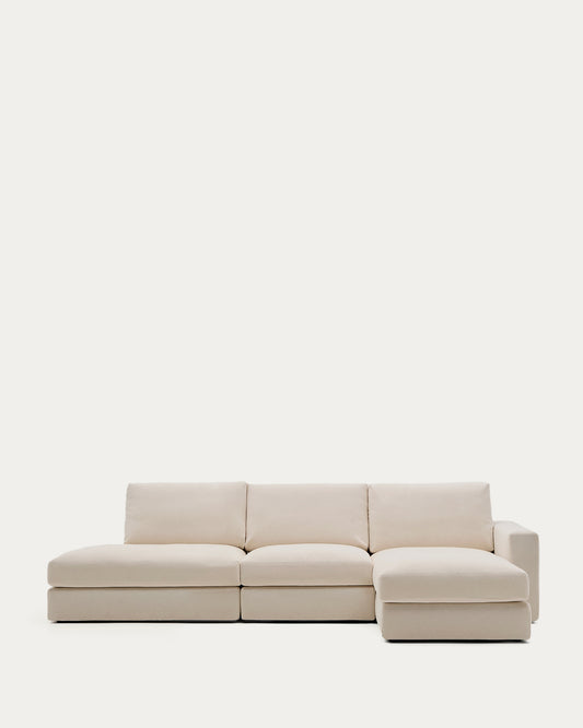 Canapé modulable déhoussable Alea 5 places avec méridienne droite chenille beige 340 cm
