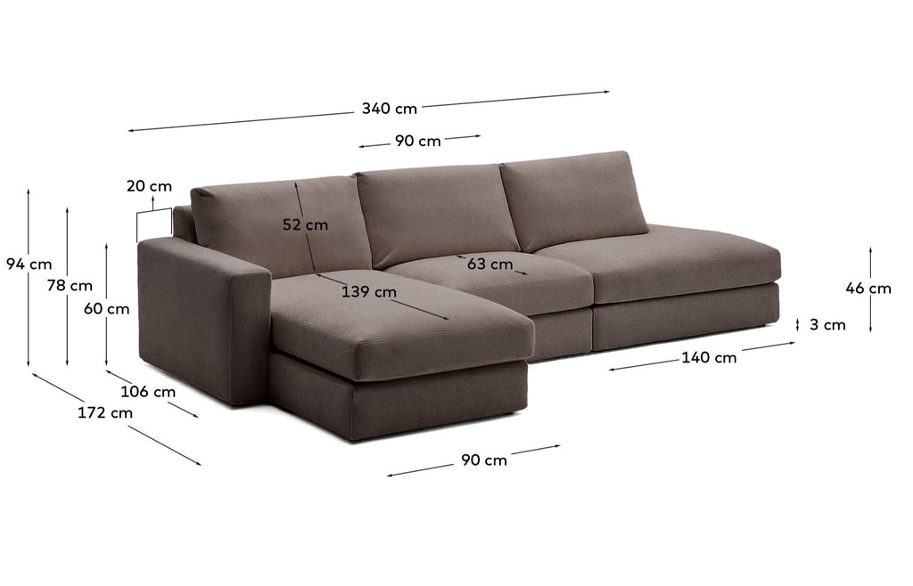 Canapé modulable déhoussable Alea 5 places en chenille marron foncé avec méridienne gauche 340 cm