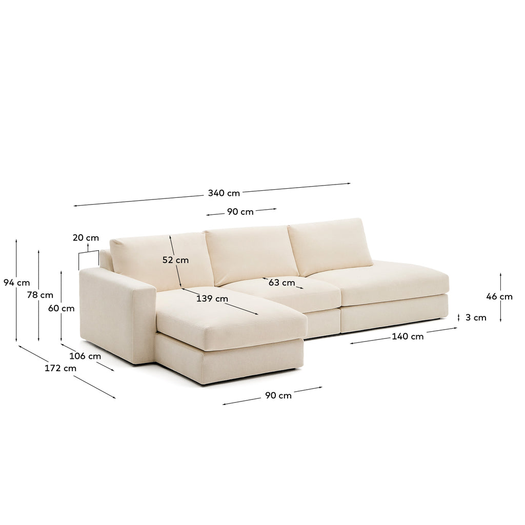Canapé modulable déhoussable Alea 5 places avec méridienne gauche chenille écrue 340 cm