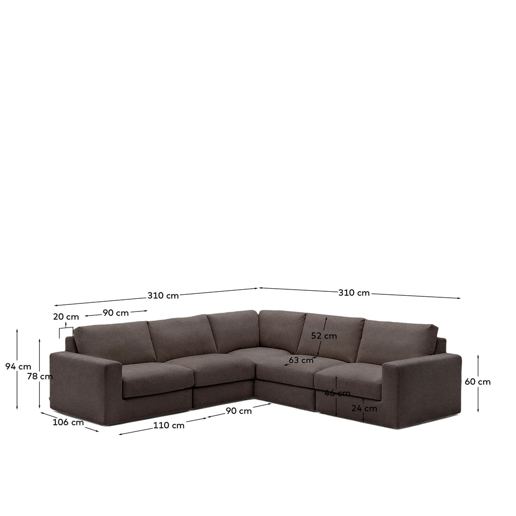 Canapé d’angle modulable déhoussable Alea 5 places chenille marron foncé 310 x 310 cm