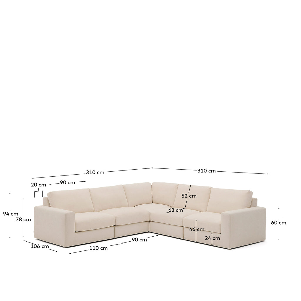 Canapé d’angle modulable déhoussable Alea 5 places chenille beige 310 x 310 cm