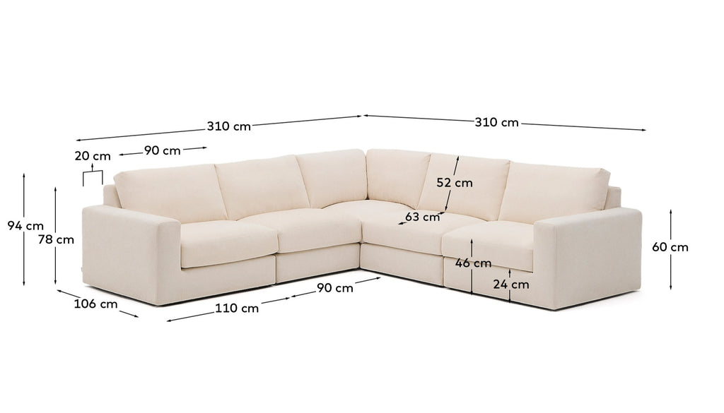 Canapé d’angle modulable déhoussable Alea 5 places chenille écrue 310 x 310 cm