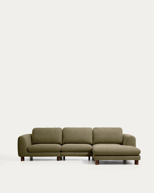 Canapé Vera 4 places avec méridienne droite vert olive et pieds en frêne massif finition noyer 322 cm FSC Mix Credit
