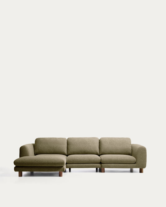 Canapé Vera 4 places avec méridienne gauche vert olive et pieds en frêne massif finition noyer 322 cm FSC Mix Credit
