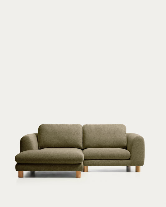 Canapé Vera 3 places avec méridienne gauche vert olive et pieds en frêne massif finition naturelle 232 cm FSC Mix Credit