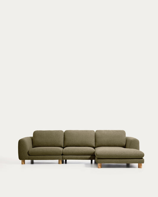 Canapé Vera 4 places avec méridienne droite vert olive et pieds en frêne massif finition naturelle 322 cm FSC Mix Credit