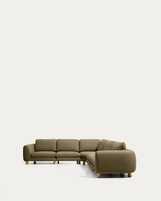 Canapé d'angle Vera 5 places vert olive avec pieds en frêne massif finition naturelle 330 x 330 cm FSC Mix Credit