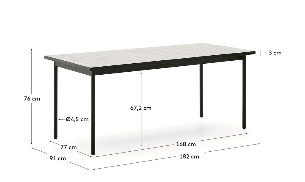 Table d’extérieur Maurina en acier galvanisé vert et céramique couleur écru 182 x 91 cm