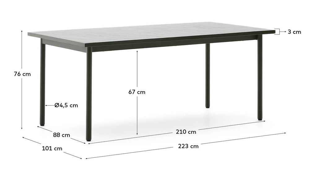 Table d’extérieur Maurina en acier galvanisé vert et céramique couleur écru 223 x 101 cm