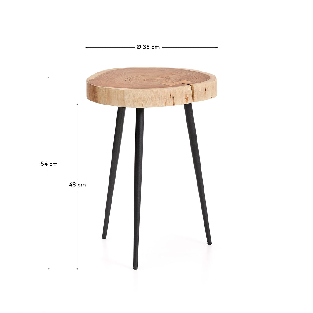 Table auxiliaire Tanive en bois d’acacia avec finition blanchie et pieds en acier noir Ø 35 cm