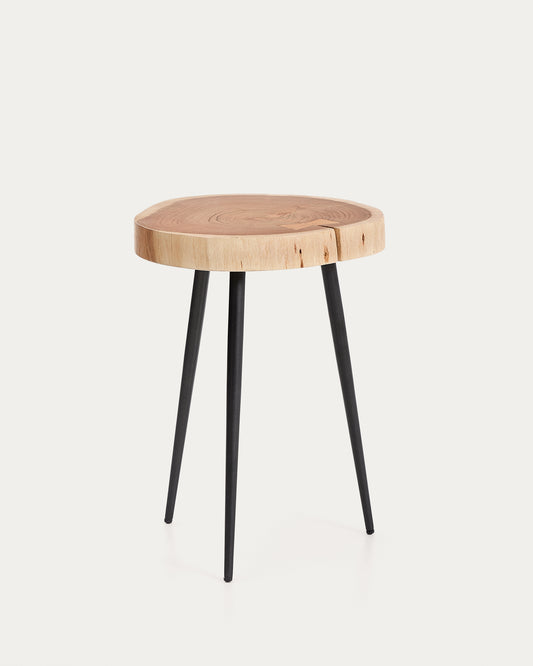 Table auxiliaire Tanive en bois d’acacia avec finition blanchie et pieds en acier noir Ø 35 cm
