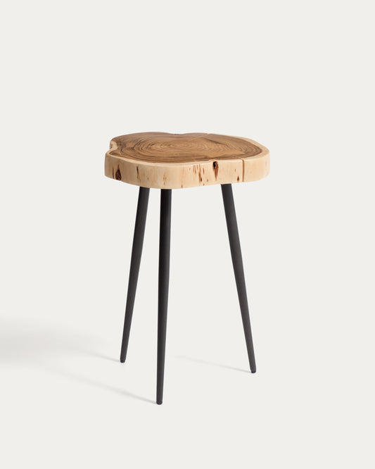 Table auxiliaire Tanive en bois d’acacia avec finition blanchie et pieds en acier noir Ø 35 cm
