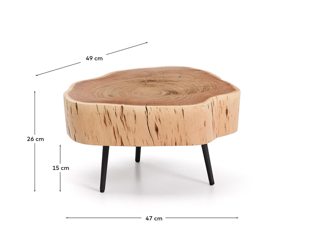 Table basse Tavine en bois d’acacia avec finition blanchie et pieds en acier noir Ø 49 cm