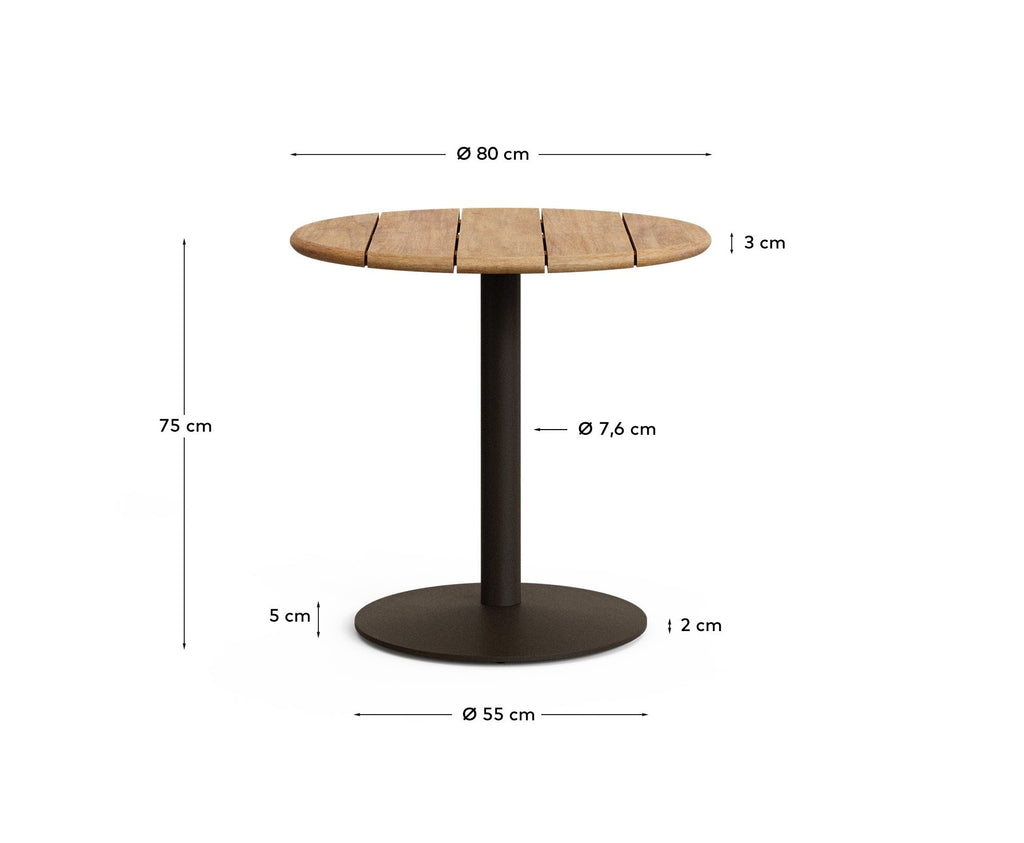 Table ronde d'extérieur Esilda avec plateau en acacia FSC 100% Ø 80 cm et pied en acier vert Ø 55 x 72 cm