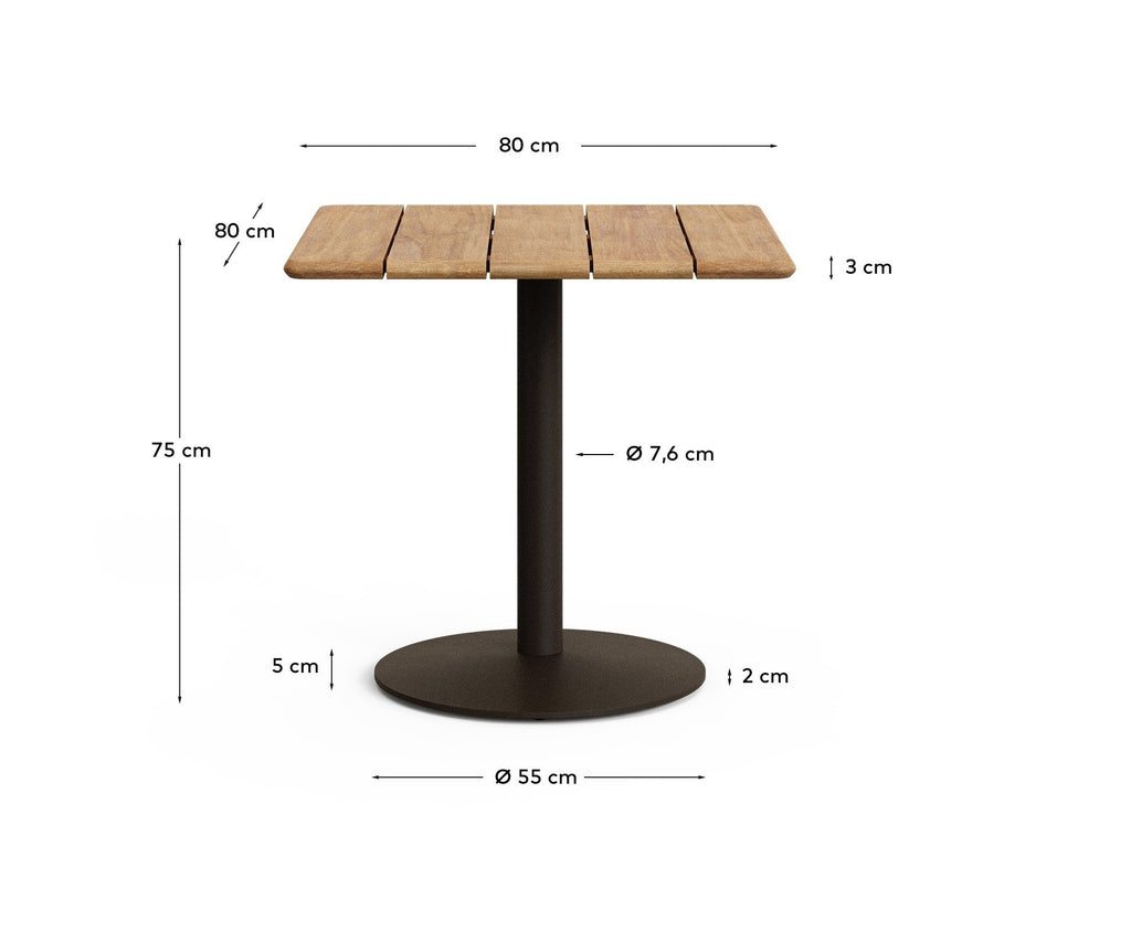 Table d'extérieur Esilda avec plateau en acacia FSC 100% 80 x 80 cm et pied en acier vert Ø 55 x 72 cm