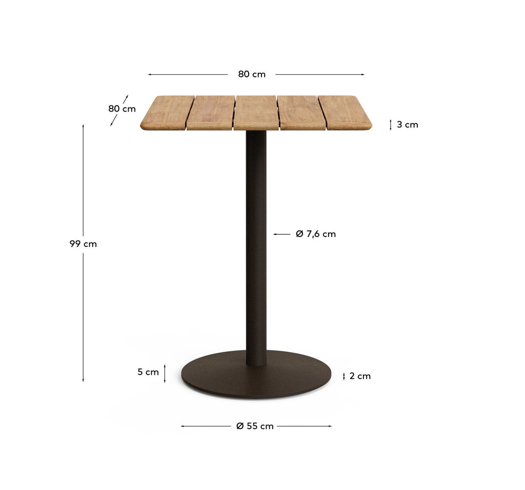 Table haute d'extérieur Esilda avec plateau en acacia FSC 100% 80 x 80 cm et pied en acier vert Ø 55 x 96 cm