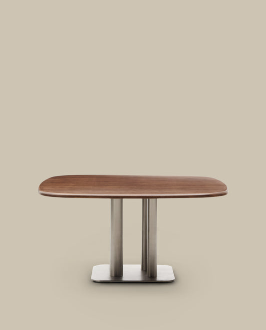 Table Melvar en placage de noyer et pieds avec base en acier inoxydable brossé 150 x 150 cm