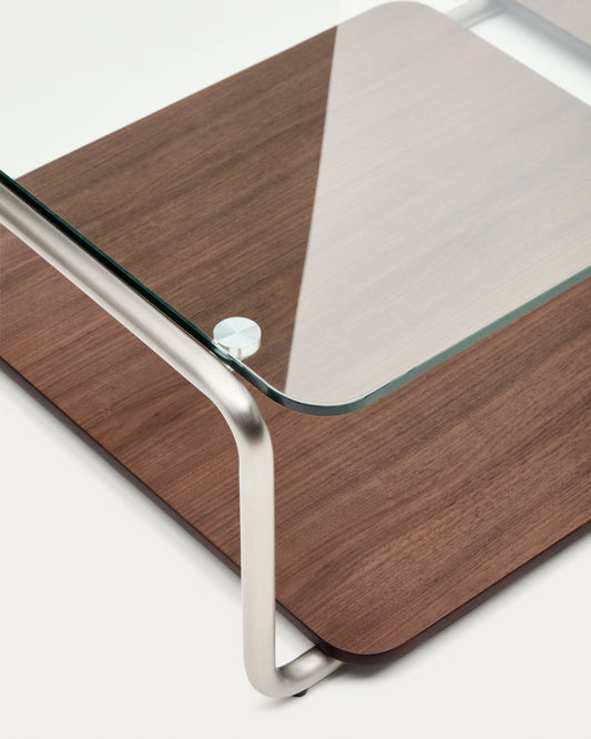 Table basse Tarsel en verre trempé et plateau en placage de noyer avec structure en acier inoxydable brossé 140 x 60 cm FSC 100%