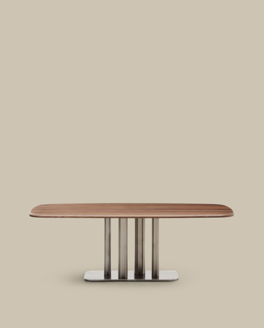 Table Melvar en placage de noyer et pieds avec base en acier inoxydable brossé 220 x 110 cm