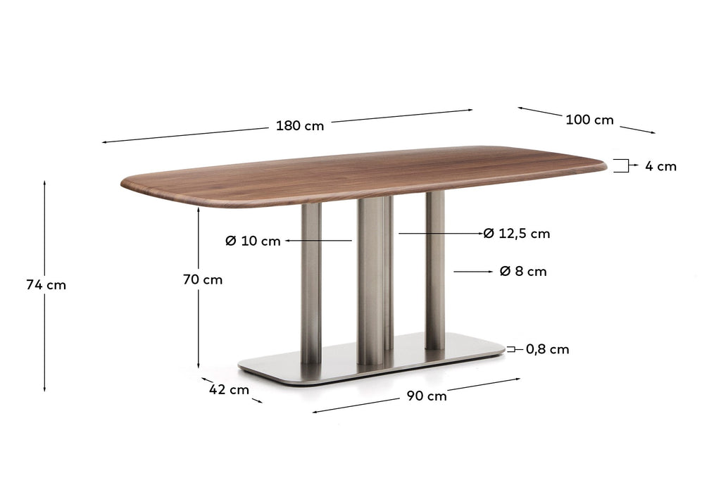 Table Melvar en placage de noyer et pieds avec base en acier inoxydable brossé 180 x 100 cm