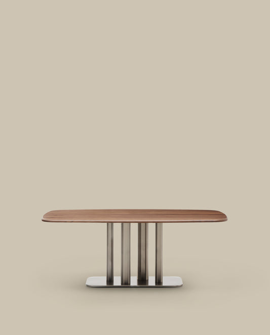 Table Melvar en placage de noyer et pieds avec base en acier inoxydable brossé 180 x 100 cm