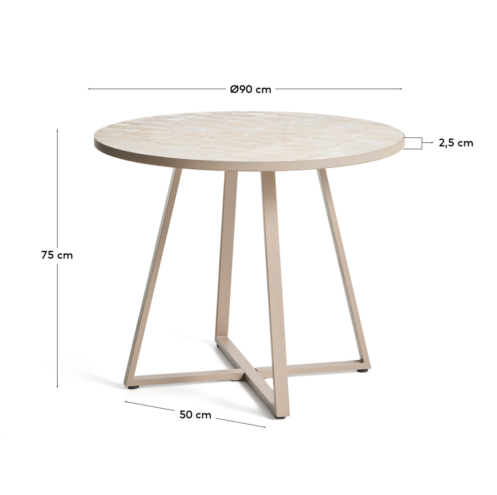 Table ronde Tella en acier galvanisé et céramique beige Ø 90 cm