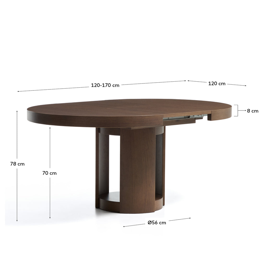 Table ronde extensible Artis en bois massif et placage de chêne avec finition ton noyer FSC 100 % 120 (170) x 80 cm