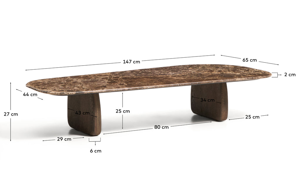Table basse Pirita en marbre marron et pieds en bois de chêne avec finition foncée 147 x 65 cm FSC 100 %