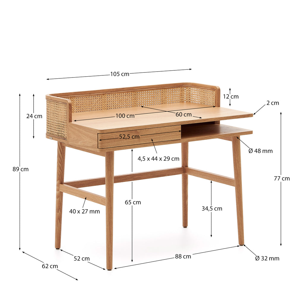 Table Araxi en contreplaqué, bois de frêne et rotin 105 x 62 cm