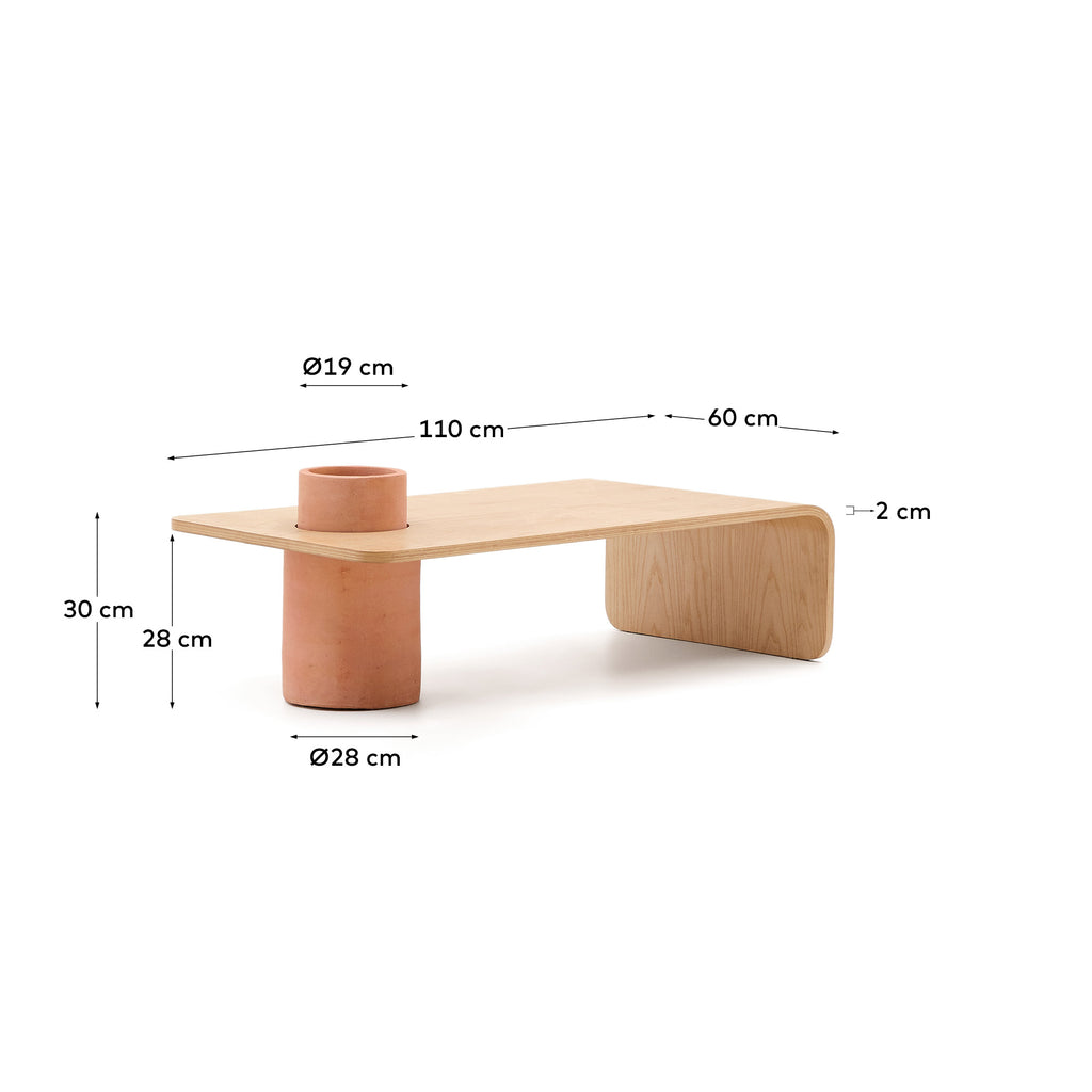 Table basse Olaria en terre cuite et placage de chêne, finition naturelle 110 x 60 cm