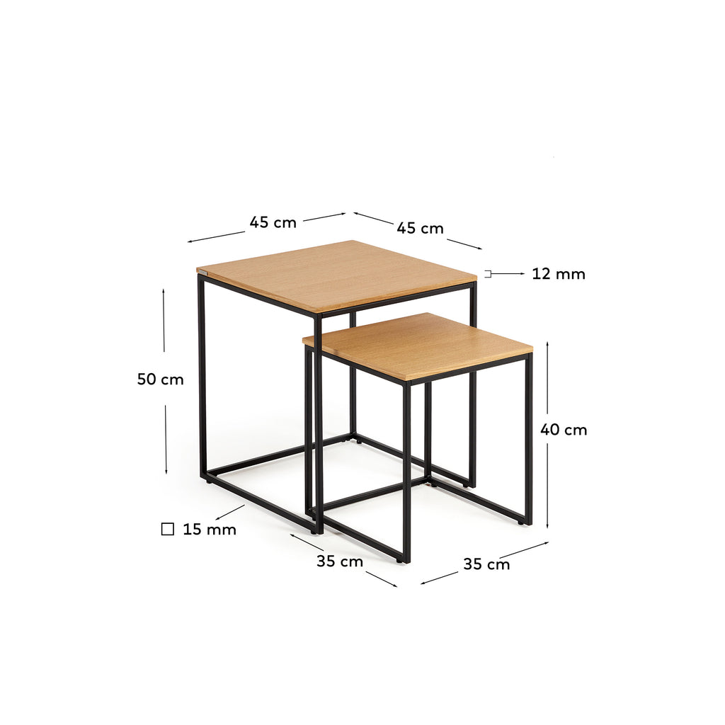 Ensemble 2 tables d'appoint gigognes Yoana en placage de chêne et structure en métal noir