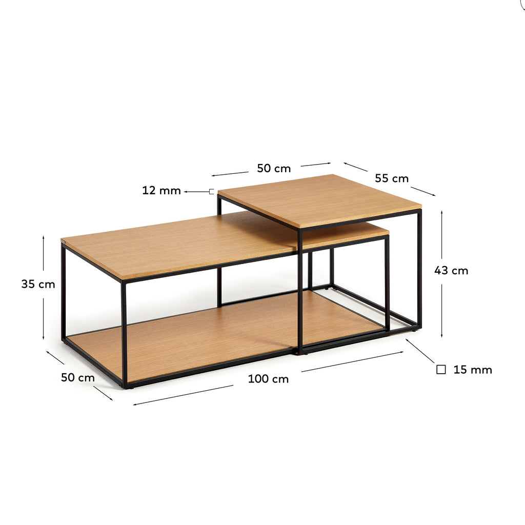 Ensemble de 2 tables basses gigognes Yoana en placage de chêne et structure en métal noir