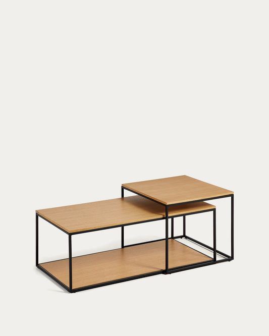 Ensemble de 2 tables basses gigognes Yoana en placage de chêne et structure en métal noir
