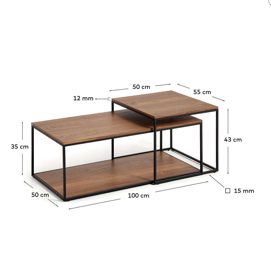 Ensemble de 2 tables basses gigognes Yoana en placage de noyer et structure en métal noir