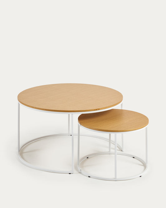Ensemble 2 tables d'appoint gigognes Yoana en placage de chêne et métal blanc Ø80 m/Ø50cm