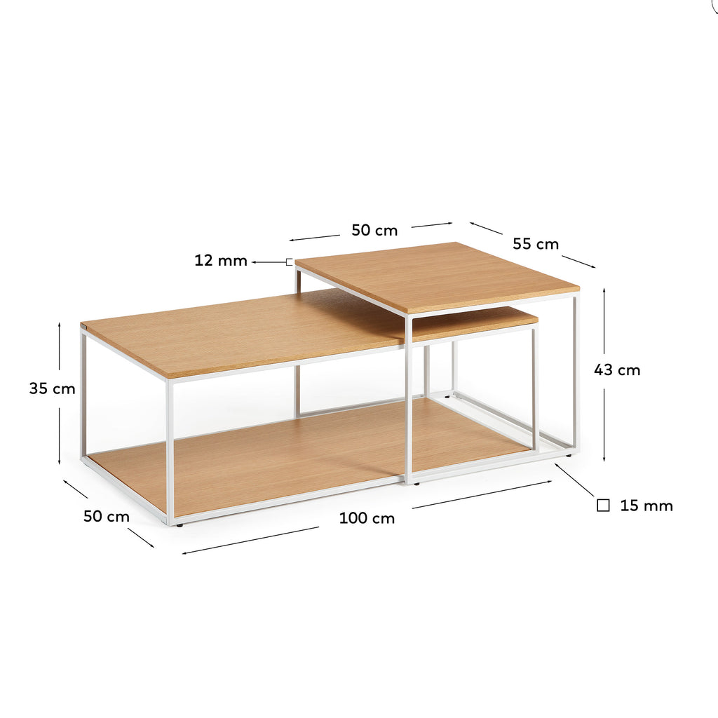 Ensemble de 2 tables basses gigognes Yoana en placage de chêne et structure en métal blanc