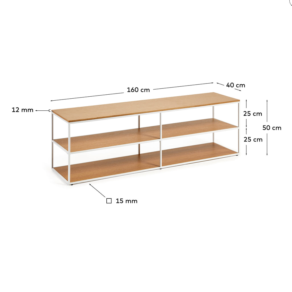 Meuble TV Yoana en placage de chêne et structure en métal blanc 160 x 40 cm