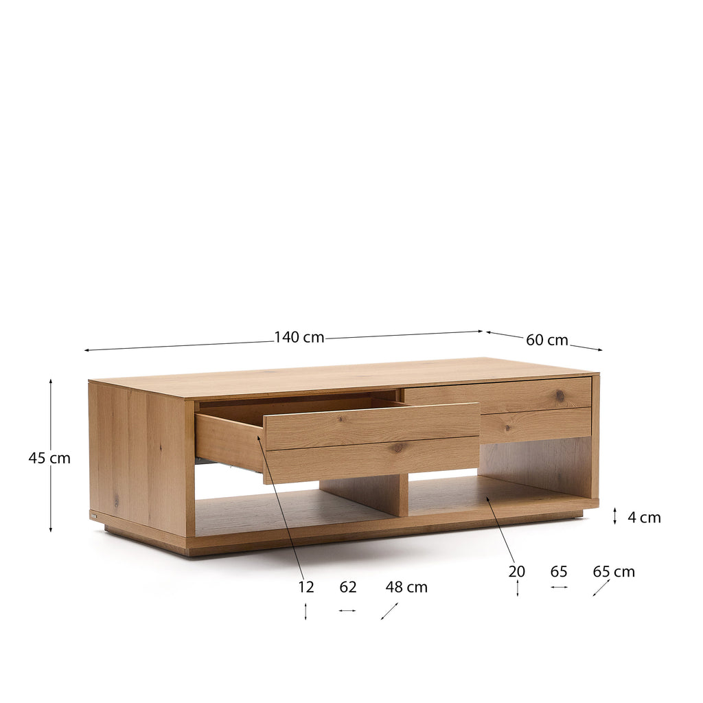 Table basse Alguema 2 tiroirs en placage de chêne finition naturelle 140 x 60 cm