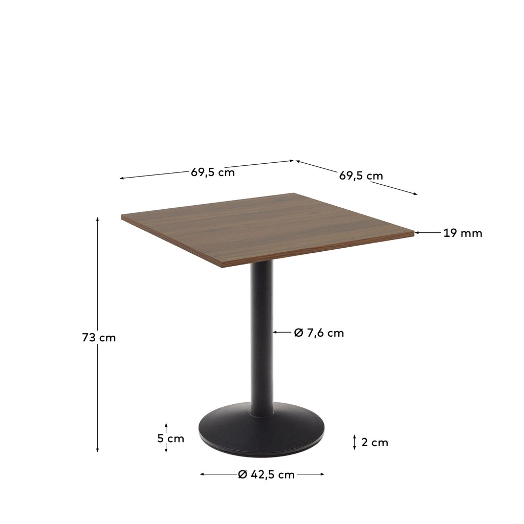Table Esilda mélamine finition noyer avec pied en métal et finition peinte noire  70 x 70 x 70 cm