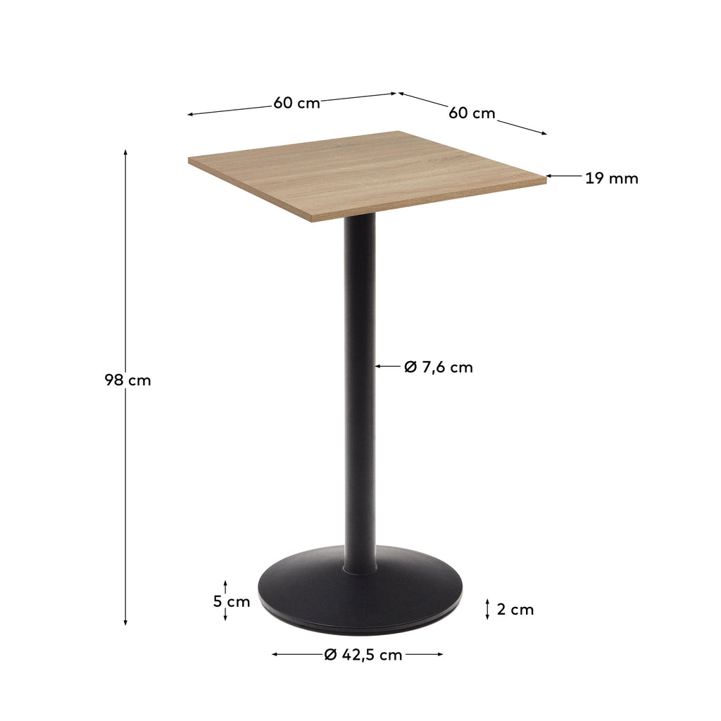 Table haute Esilda mélamine avec finition naturelle pied en métal et finition peinte noire  60x60x96cm
