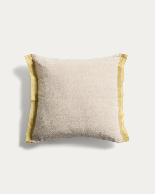 Housse de coussin Disea en lin beige avec motif jaune 45 x 45 cm