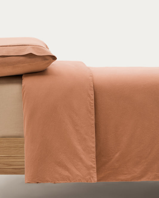 Set Caline de housses de couette et taie d'oreiller 100 % coton percale terracotta pour lit de 90 cm