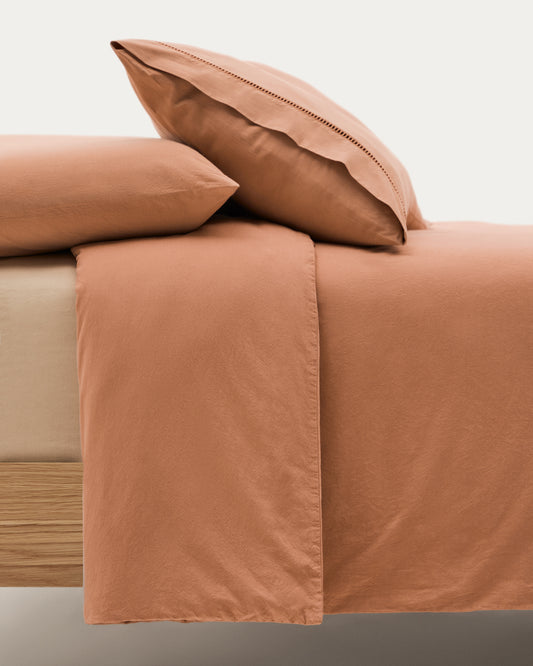 Set Caline de housses de couette et taies d'oreiller 100 % coton percale terracotta pour lit de 160 cm