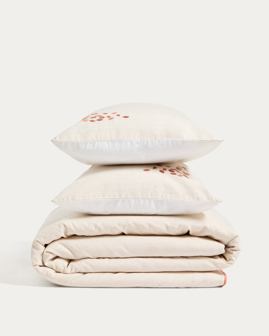 Ensemble Virelda housse de couette et taie d’oreiller en coton et lin beige avec broderie pour lit de 150 cm