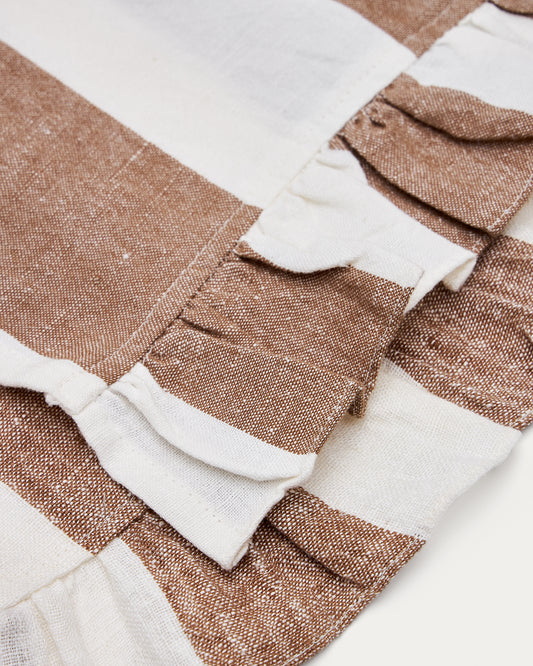 Nappe individuelle Maura en coton et lin à rayures blanc et marron avec volants latéraux