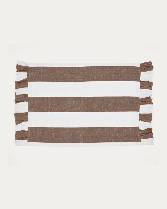Nappe individuelle Maura en coton et lin à rayures blanc et marron avec volants latéraux